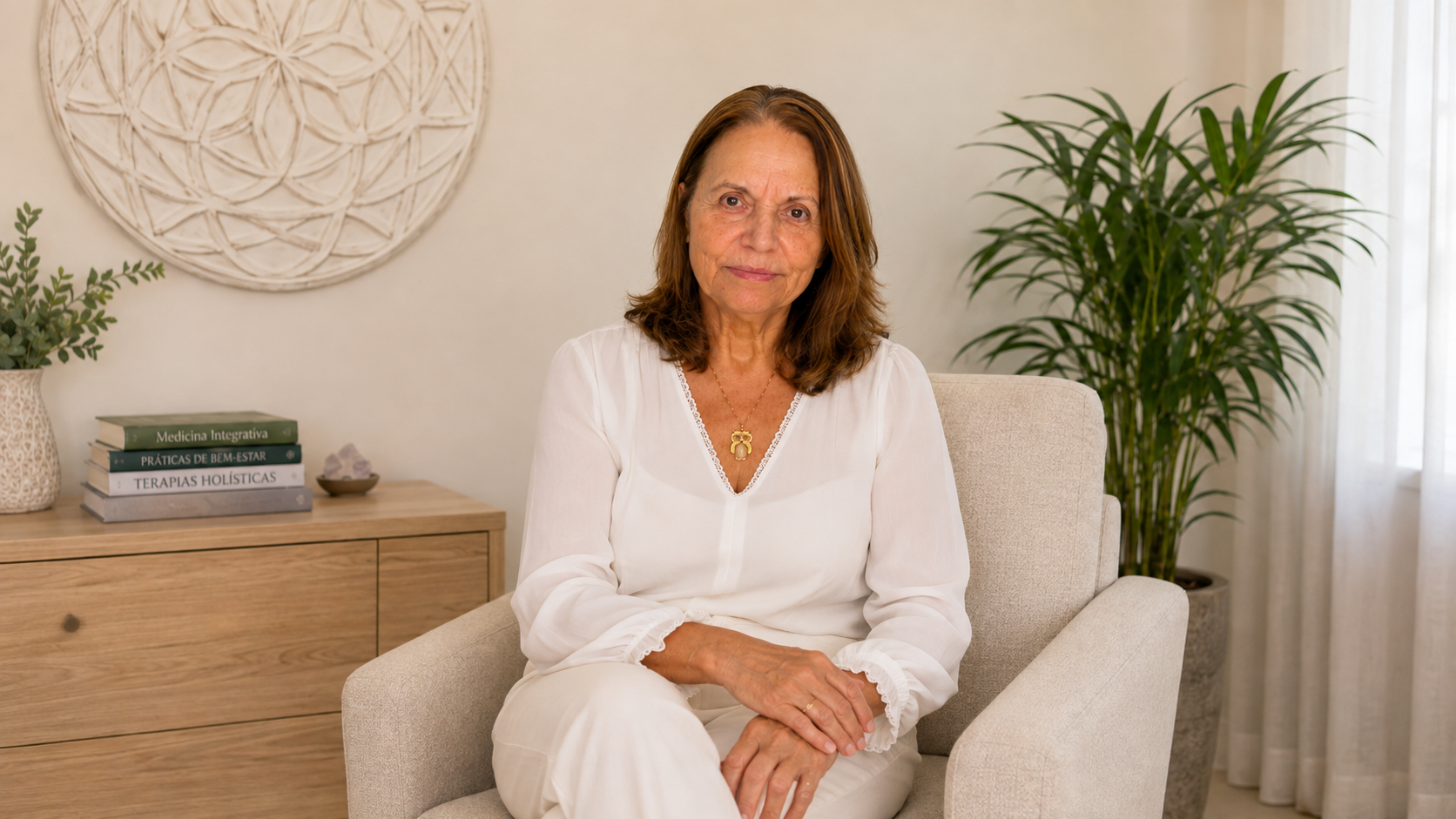 Helena Doris sentada em seu espaço de atendimento