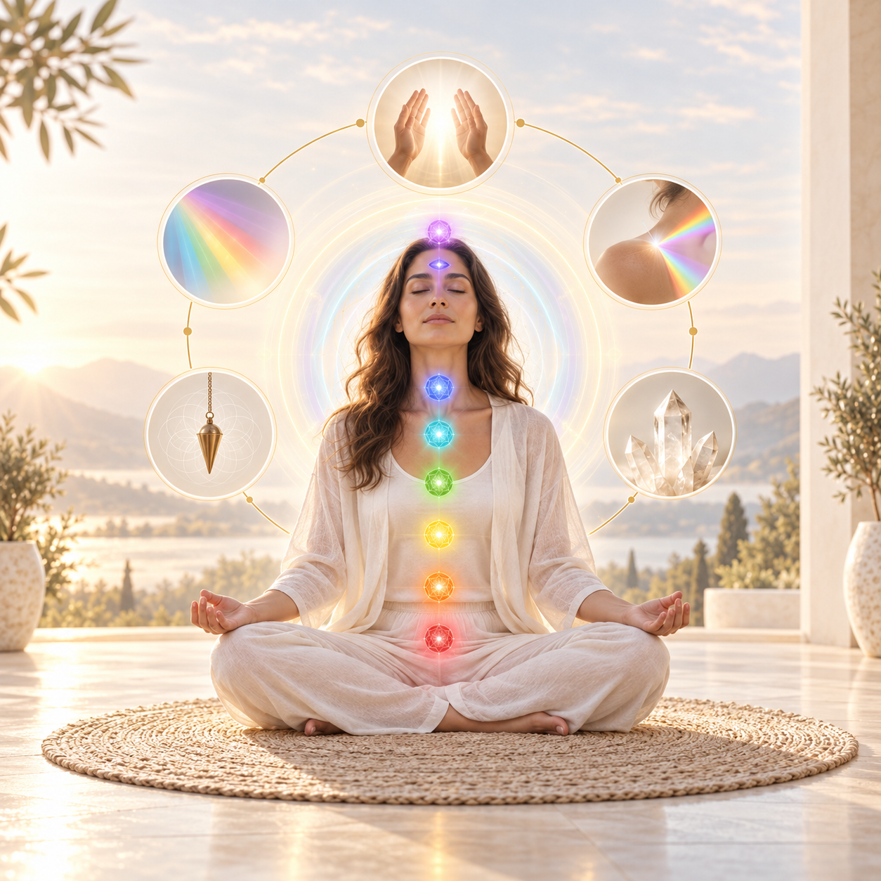 Representação do Método Harmonização do Ser: uma pessoa meditando com chakras e campos energéticos, cercada por mãos de Reiki, luz e cores, pêndulo e cristais